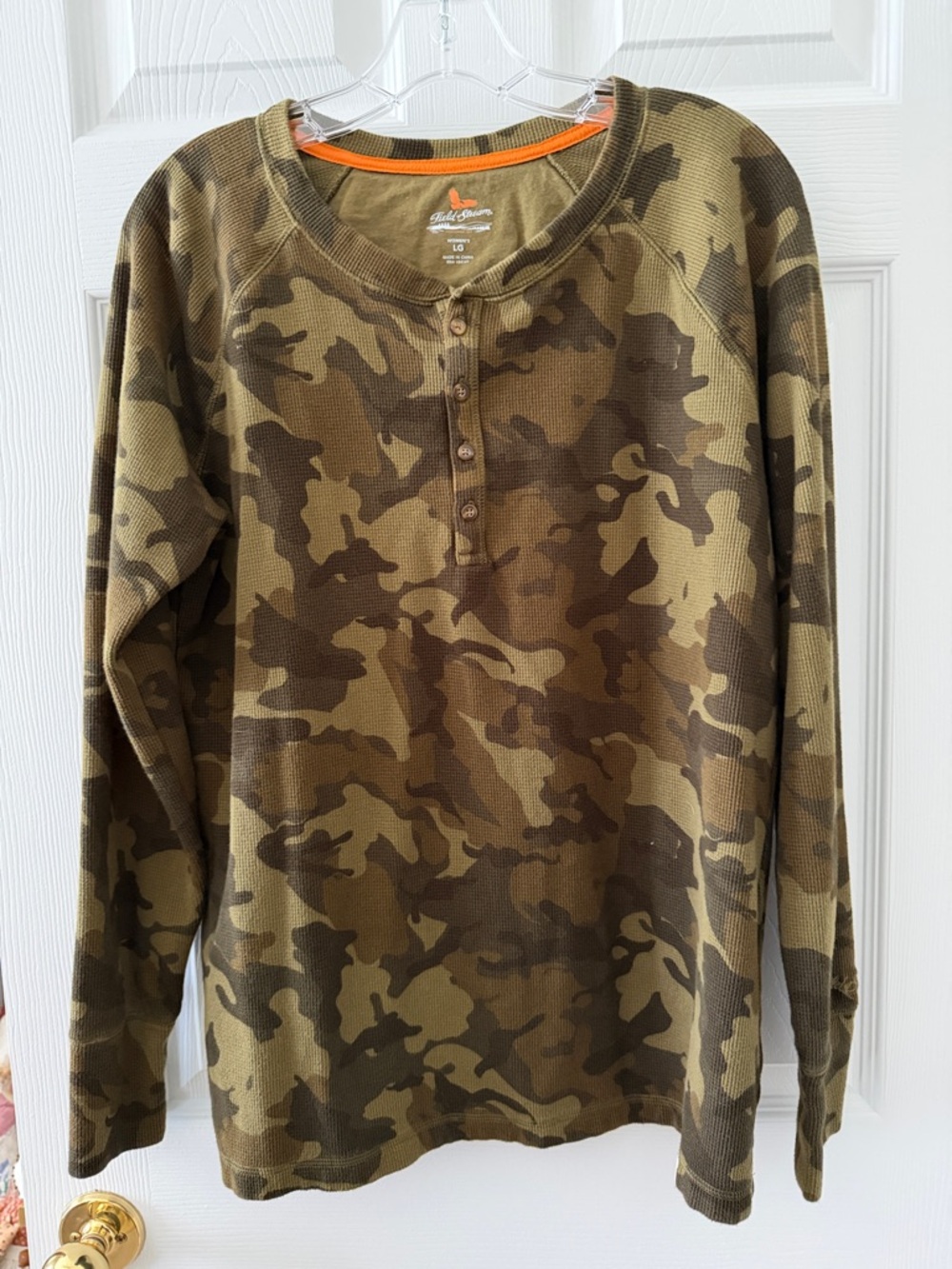Field & Stream Camo Henley Thermal Top in Olive and Brown